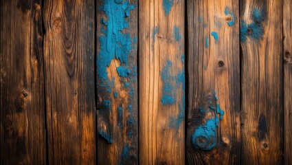 Poster - Textured wooden background with vibrant blue paint accents and rich brown hues ideal for design and artistic applications.