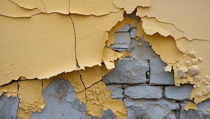 Poster - Cracked yellow plaster peeling off a wall revealing underlying gray stone texture in an urban decay concept background.