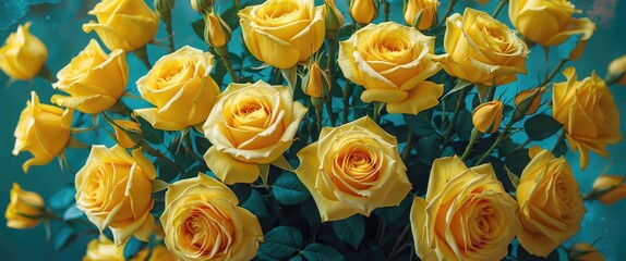 Poster - Bright yellow roses in a lush floral bouquet with green leaves against a soft blue background creating a vibrant, cheerful atmosphere.