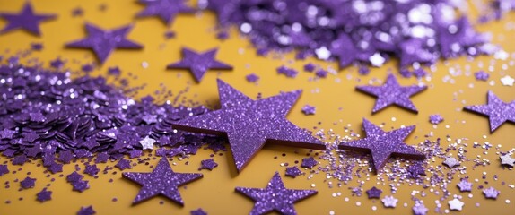 Poster - Yellow backdrop adorned with purple glitter stars and spangles creating a vibrant and festive atmosphere for celebrations and events.