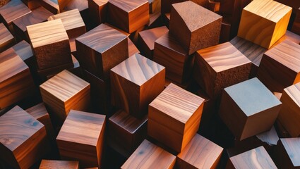 Poster - Assorted wooden cubes in warm brown tones piled together showcasing natural textures and patterns for design and background use.