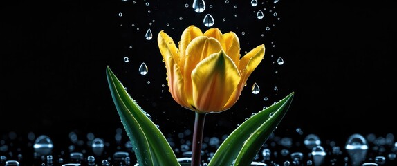 Poster - Yellow tulip with water droplets on leaves against a black background creating a serene and elegant floral composition.