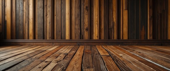 Poster - wooden floor and wall with varied brown textures creating a rustic background ideal for interior des