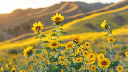 Poster - Mexican sunflower fields in golden light with hills showcasing vibrant yellow blooms of Tithonia diversifolia against a scenic backdrop.