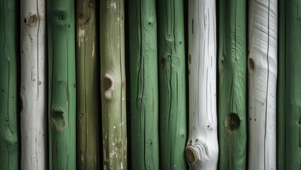 Poster - Colorful wooden poles in green and white arranged vertically creating a textured and vibrant backdrop for design and decoration projects.