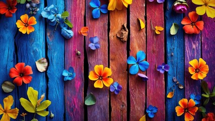 Poster - Vibrant wooden surface adorned with colorful flowers creating a beautiful artistic display in natural light. Perfect for nature themes.