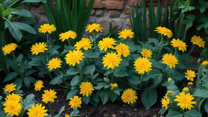Poster - Vibrant Yellow Flowers Surrounded by Lush Green Leaves in a Charming Garden Setting