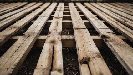 Poster - Wooden planks arranged on the ground showcasing natural textures and earthy tones ideal for rustic design and construction themes