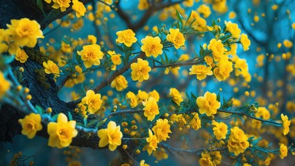 Poster - Vibrant yellow flowers blooming on tree branches creating a stunning floral display in nature during spring season.