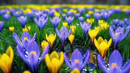Poster - Vibrant Crocuses in Bloom with Water Drops on Green Grass Creating a Lush Spring Landscape and Ideal Space for Text Addition
