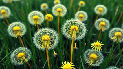 Poster - Close-up of vibrant yellow dandelion flowers surrounded by lush green grass in a square format showcasing nature's beauty.