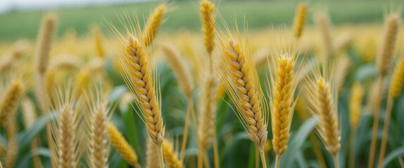 Poster - Golden Wheat Ears in a Field Surrounded by Green Grass Close-Up with Room for Text Ideal for Agricultural and Nature Themes