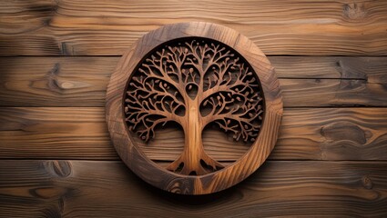 Poster - Intricate wooden tree design carved in a round plaque showcasing rich textures and natural wood patterns ideal for home decor themes.