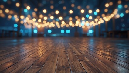 Poster - Wooden floor with blurred bokeh night lights creating a warm and inviting atmosphere for events or celebrations.