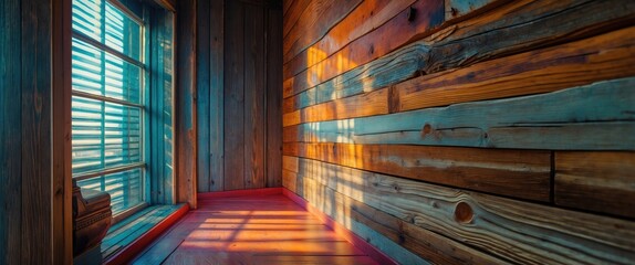 Poster - Cozy interior with warm wooden wall textures and natural light streaming through a window creating a tranquil atmosphere