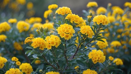 Poster - Bright Yellow Flowering Bush in Full Bloom Surrounded by Lush Green Foliage Capturing Vibrant Nature and Serenity in Garden Setting