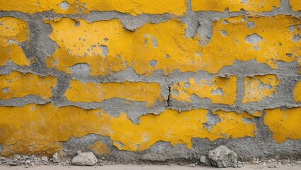 Poster - Textured yellow cement wall with uneven gray patches and rough surface creating an aged and weathered visual appeal for backgrounds and designs.