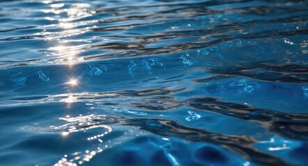 Poster - Glittering Reflection on Calm Blue Water Surface Under Sunlight Ideal for Background or Texture with Space for Text or Design Elements.