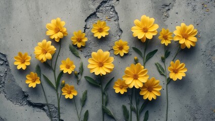 Poster - Vibrant Yellow Flowers Against Textured Concrete Background with Space for Text Overlay in Design Applications