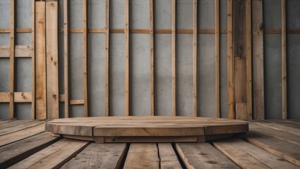 Poster - Wooden Platform Surrounded by Rustic Walls with Space for Text Presentation or Product Showcase in a Warm Atmosphere