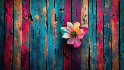 Poster - Colorful wooden texture background with a vibrant flower for artistic and decorative use in design projects.