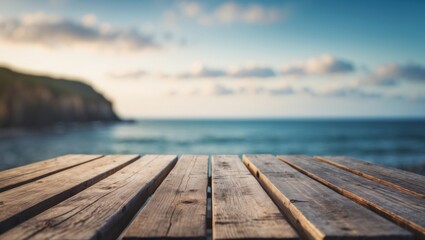 Poster - Wooden Tabletop Front View with Blurred Ocean and Sky Background Featuring Space for Text or Graphics