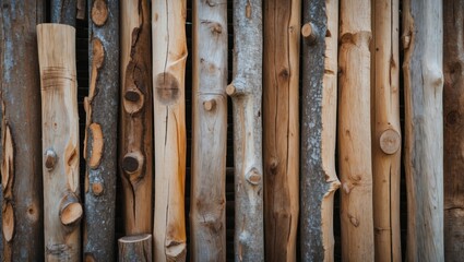 Poster - Textured wooden paling made from various raw logs showcasing natural patterns and tones for rustic design and landscaping use.