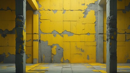 Poster - Textured yellow concrete wall interior with architectural elements and remnants of peeling paint for creative background usage.