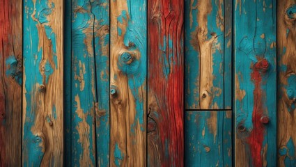 Poster - Colorful distressed wood texture background with blue and red hues, ideal for rustic-themed design and artistic projects.