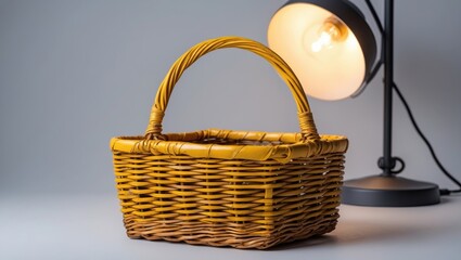 Poster - wicker basket with yellow and brown hues illuminated by a lamp showcasing vintage decor and empty co