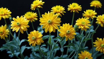 Poster - Vibrant Yellow Flowers in Full Bloom Against Black Background with Space for Text or Creative Design Ideas