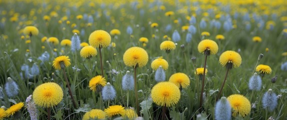 Poster - Vibrant Meadow of Yellow Dandelions Surrounded by Blue Flowers with Expansive Empty Space for Text Overlay