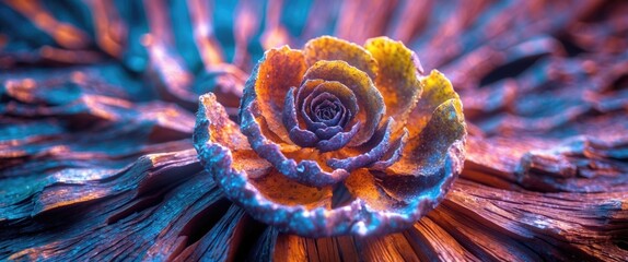 Poster - Macro view of colorful succulent plant on textured wood background showcasing intricate details and vibrant hues in nature's design.