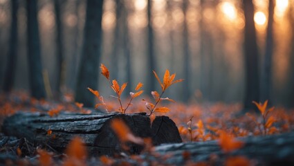 Poster - Autumn leaves sprouting from a log in a tranquil forest during morning light with a soft blurred background nature scene.