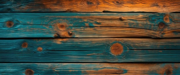 Poster - Vibrant wooden texture featuring unique natural patterns in rich hues of blue and orange tones for artistic backgrounds and design projects