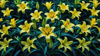 Poster - Vibrant yellow daylilies in full bloom surrounded by rich dark green foliage showcasing nature's beauty and elegance.
