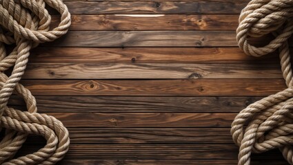 Poster - Natural wooden surface adorned with marine rope creating a rustic nautical theme for versatile creative uses and ample copy space.