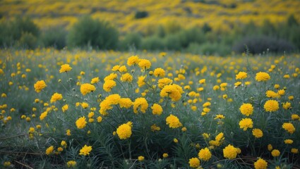 Poster - Vibrant Yellow Flowers Blooming in a Lush Green Field at the Forest Edge Capturing the Beauty of Nature in Springtime