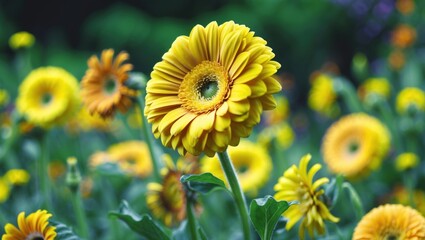Poster - Vibrant yellow gerbera flowers in a summer garden with a blurred green backdrop highlighting their natural beauty and lively colors.