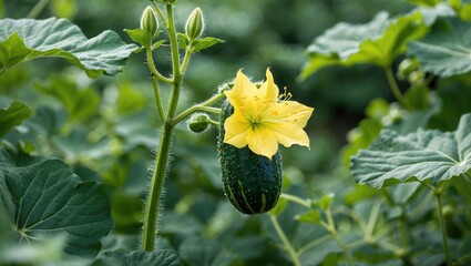 Poster - Cucumber flower blooming amidst lush green foliage in a summer garden highlighting nature's vibrant colors and agricultural beauty.
