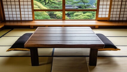 Poster - Wooden table with cross-legged seating in traditional Japanese room featuring tatami flooring and serene garden view through shoji windows
