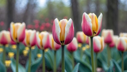 Poster - Vibrant spring tulips blooming in a garden with unopened buds showcasing colorful petals and lush green leaves.