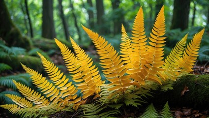 Poster - Vibrant yellow fern leaves showcasing autumn colors in a lush green forest setting creating a beautiful natural landscape scene