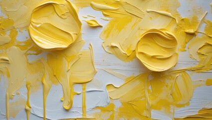 Poster - Vibrant yellow paint texture with abstract splashes and brush strokes on a white background for creative projects and designs.