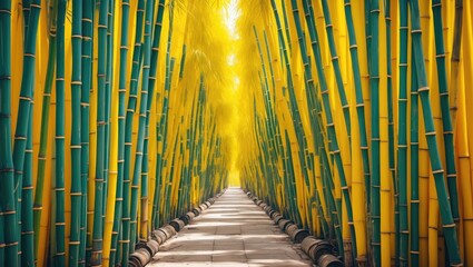 Poster - Vibrant yellow bamboo pathway in Thailand creating a serene and inviting natural landscape for relaxation and exploration