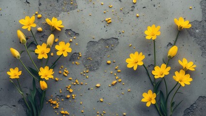 Poster - Yellow wildflowers on textured concrete backdrop with empty space for text ideal for design projects and nature-themed compositions.