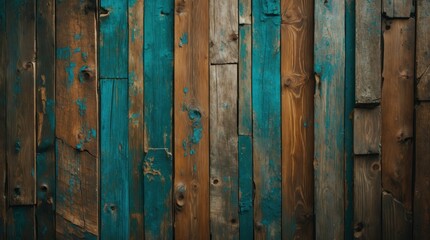 Poster - Colorful weathered wooden wall texture with a mix of blue and brown hues ideal for rustic backgrounds and design projects.