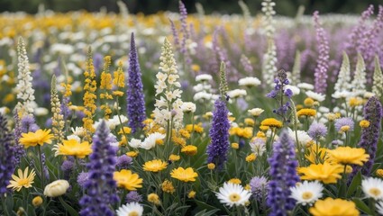 Poster - Vibrant field of yellow purple and white wildflowers in bloom showcasing nature's beauty with close up detail and rich colors.