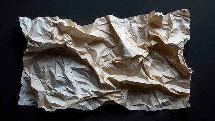 Poster - Crumpled textured paper on a dark background showcasing intricate folds and shadows ideal for artistic and design projects.