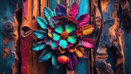 Poster - Colorful floral design on textured wooden background creating a vibrant artistic composition for creative projects and visual presentations.